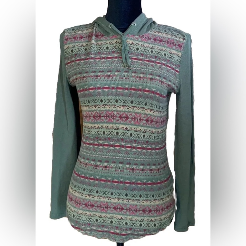 Chaps Womens Shirt Size Small Olive Green Tan Red Pullover Hooded Long Sleeve
